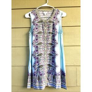 J Jill Blue Paisley Floral Sleeveless Rayon Mini Shirt Dress Womens Small Petite